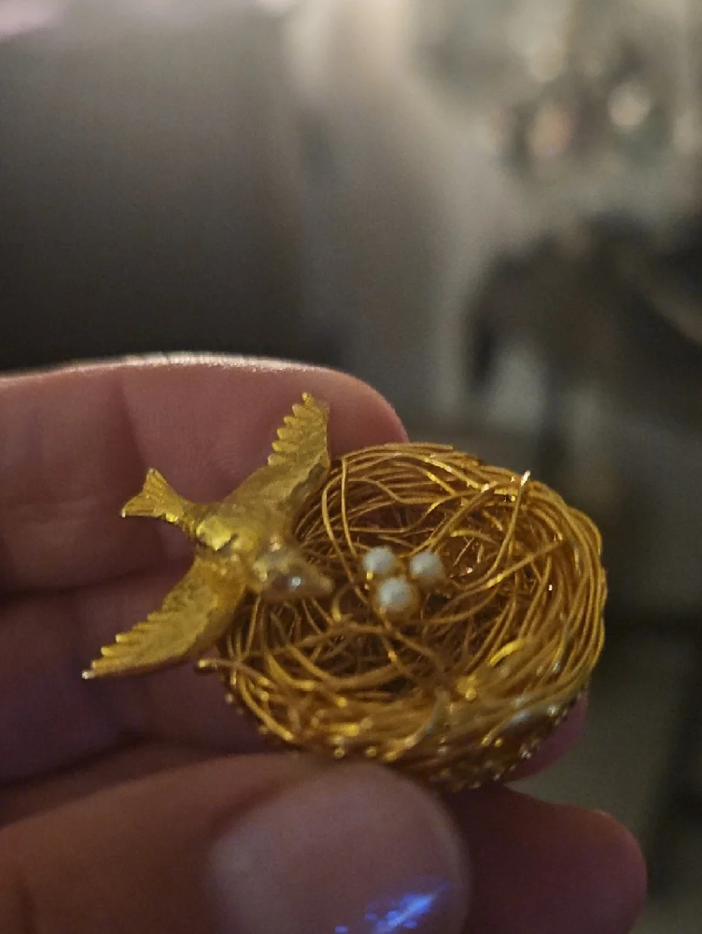 Gold Bird on Nest Brooch with Pearl Eggs - Gold